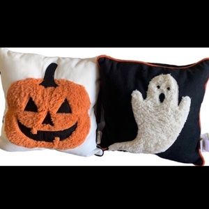 Mary & Edgar Pumpkin Jack o Lantern and Ghost Fur Sherpa Halloween Pillow Set